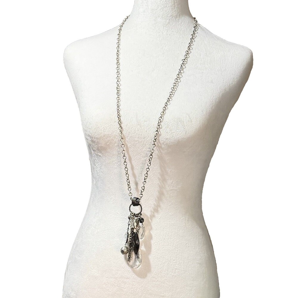 Market NY Silver Tassel Statement Necklace Faux Crystal Pendant Long Chain Boho